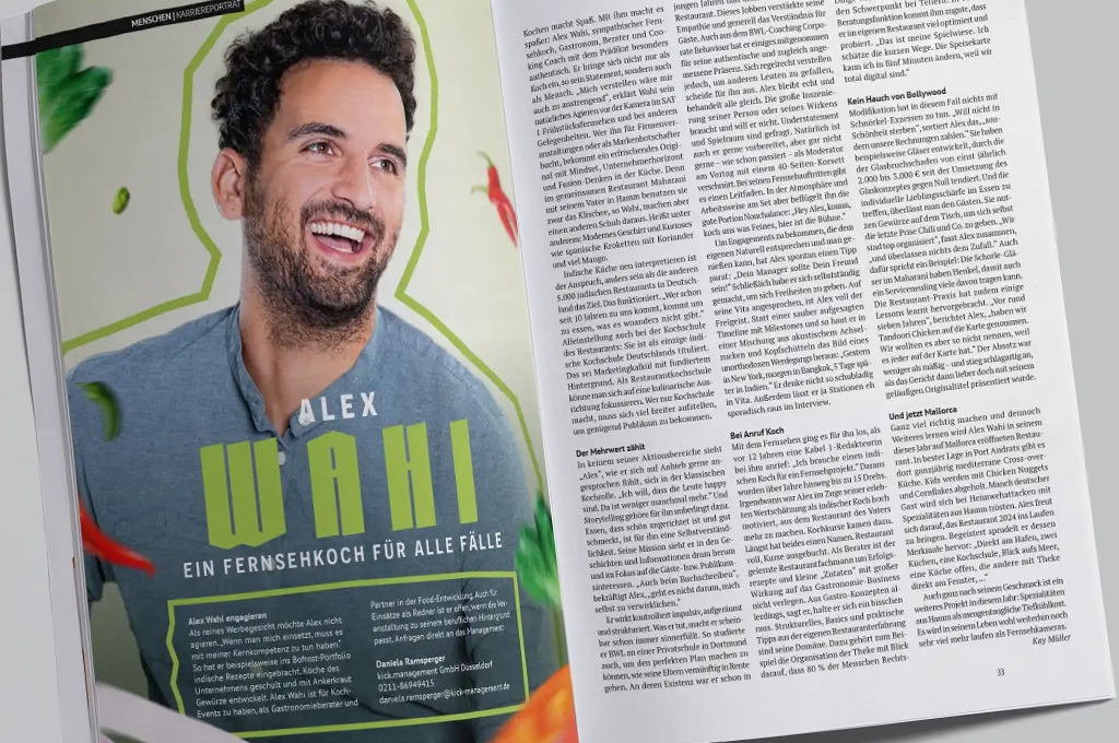 Geöffnete Doppelseite des Mix Magazins mit Porträt und Interview des Fernsehkochs Alex Wahi