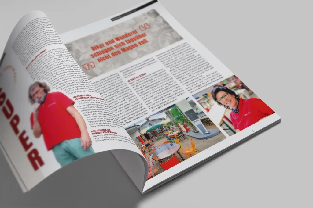 Geöffnete Doppelseite des Mix Getränkemagazins mit Textbeiträgen und Farbfotos von Personen im Gastronomiebetrieb